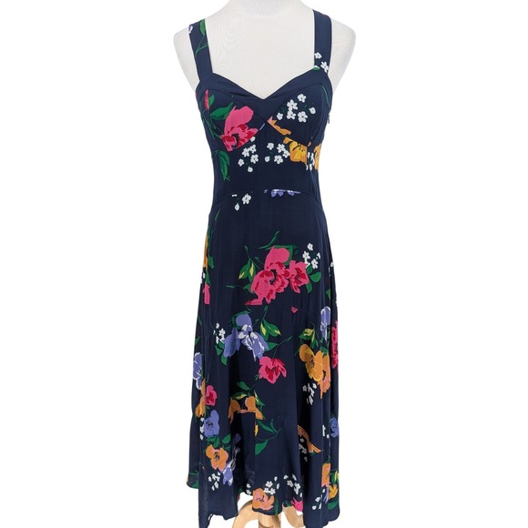 Maeve Vivienne Floral Midi Dress 2 Navy Blue Handkerchief Hem Cottagecore Boho - Picture 2 of 13